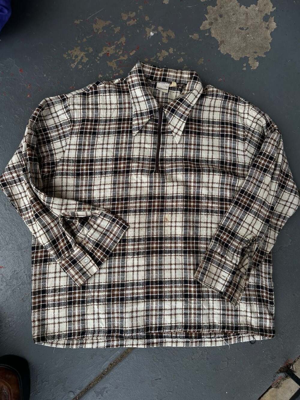 Le Chevron Plaid Half Zip Shirt Size XL Brown White Black
